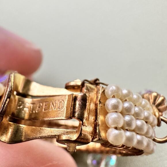 Vintage Miriam Haskell Hoop Earrings Faux Pearls & AB Crystal Drops 1969s Hoops - Picture 7 of 10